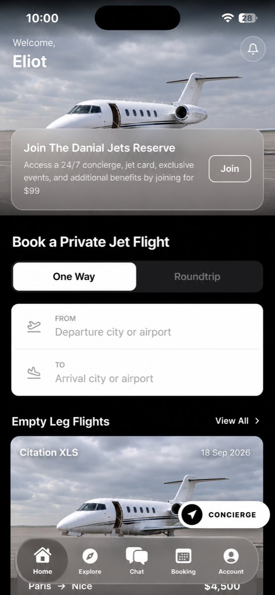 Danial Jets app home screen: Danial Reserve, book a private jet flight, and empty leg flights.