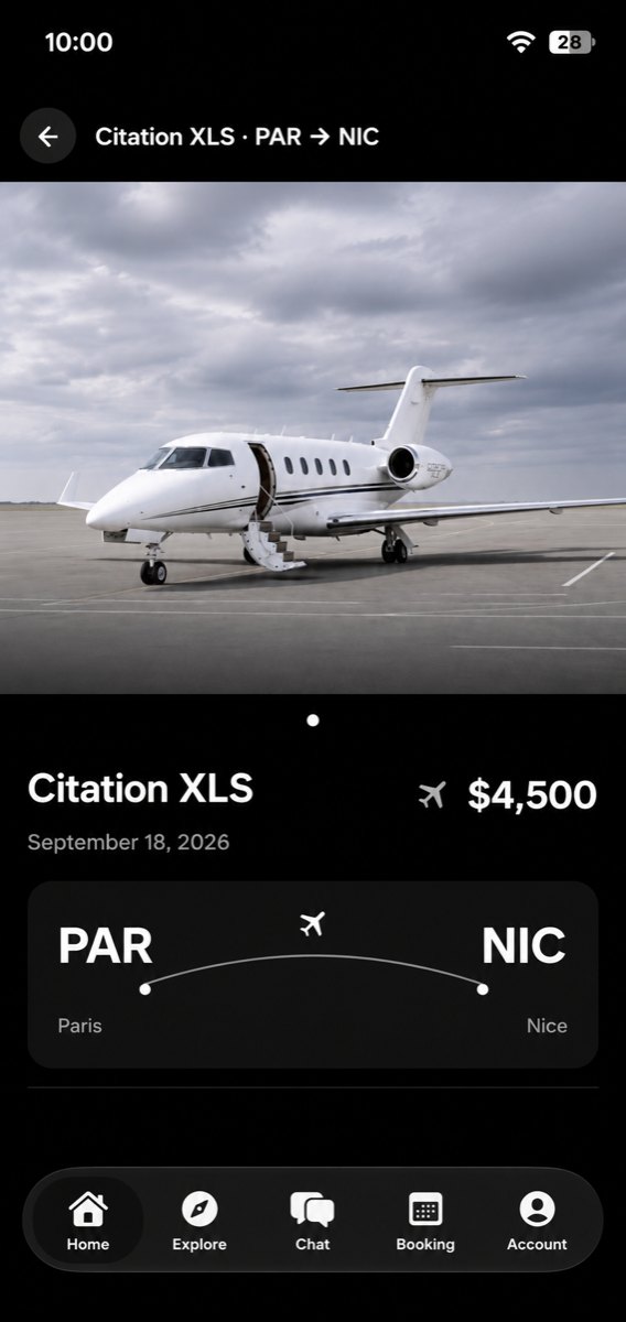 Danial Jets app: an empty leg from Paris to Nice on a Citation XLS, priced at $4,500.